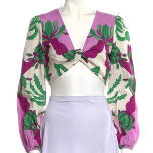 Caroline Constas Purple Green Floral Long Sleev Cropped Top L
